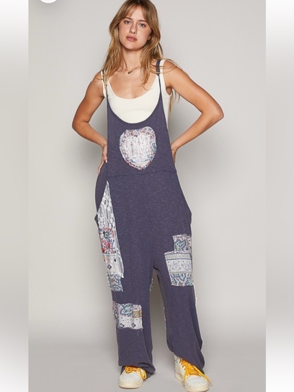 BB39. NWT POL Navy Mineral Washed Ribbed Patchwork Jumpsuit